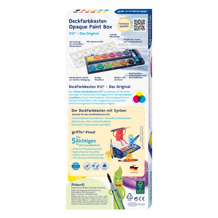 Pelikan Deckfarbkasten 735K/12, Kasten mit 12 Farben + Deckweiß K12