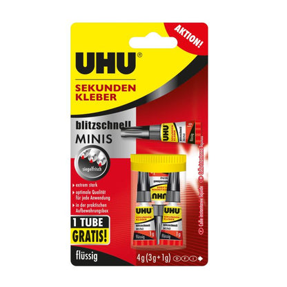 UHU SEKUNDENKLEBER blitzschnell MINIS, Aufbewahrungsbox mit 3x1g