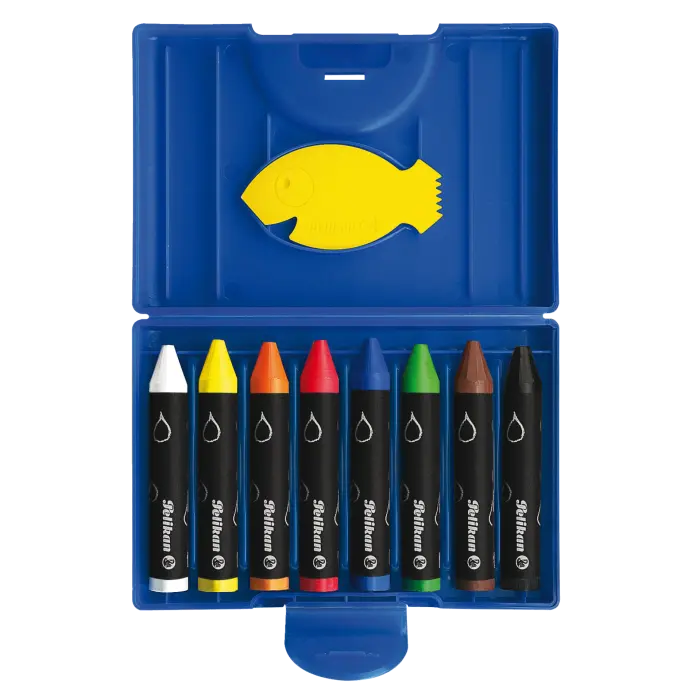 Pelikan Wachsmalstift wasservermalbar 666/8, rund, 8 Farben, blaue Box mit 8 Stück + 1 Schaber