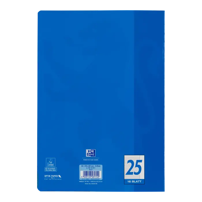 Oxford Schulheft A4, 9mm liniert/Rand, Lineatur 25, 16 Blatt, Blau