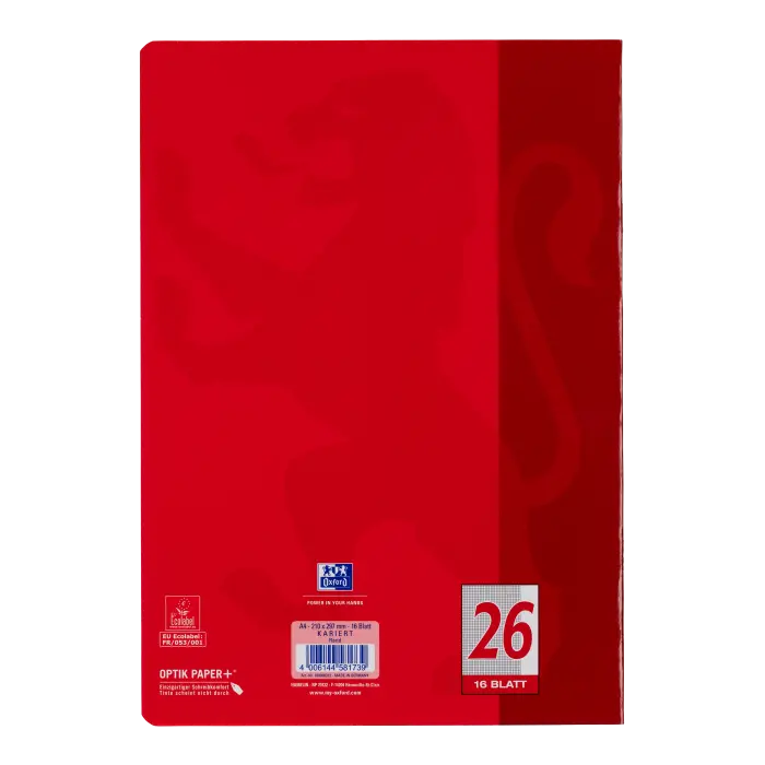 Oxford Schulheft A4, 5mm kariert/Rand, Lineatur 26, 16 Blatt, Rot