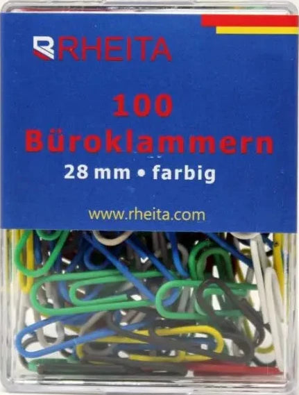 Rheita Briefklammern 28 mm, farblich sortiert, 100 Stück in Klarsichtbox