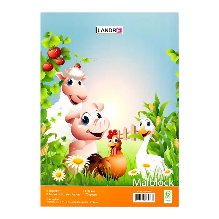 LANDRÉ A4 kopfgeleimter Malblock, blanko, 100 Blatt, verschiedene Tier Motive