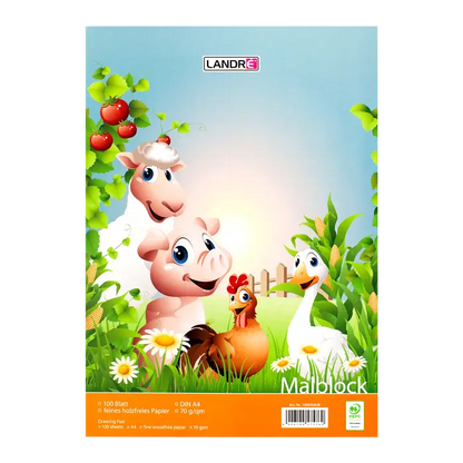 LANDRÉ A4 kopfgeleimter Malblock, blanko, 100 Blatt, verschiedene Tier Motive